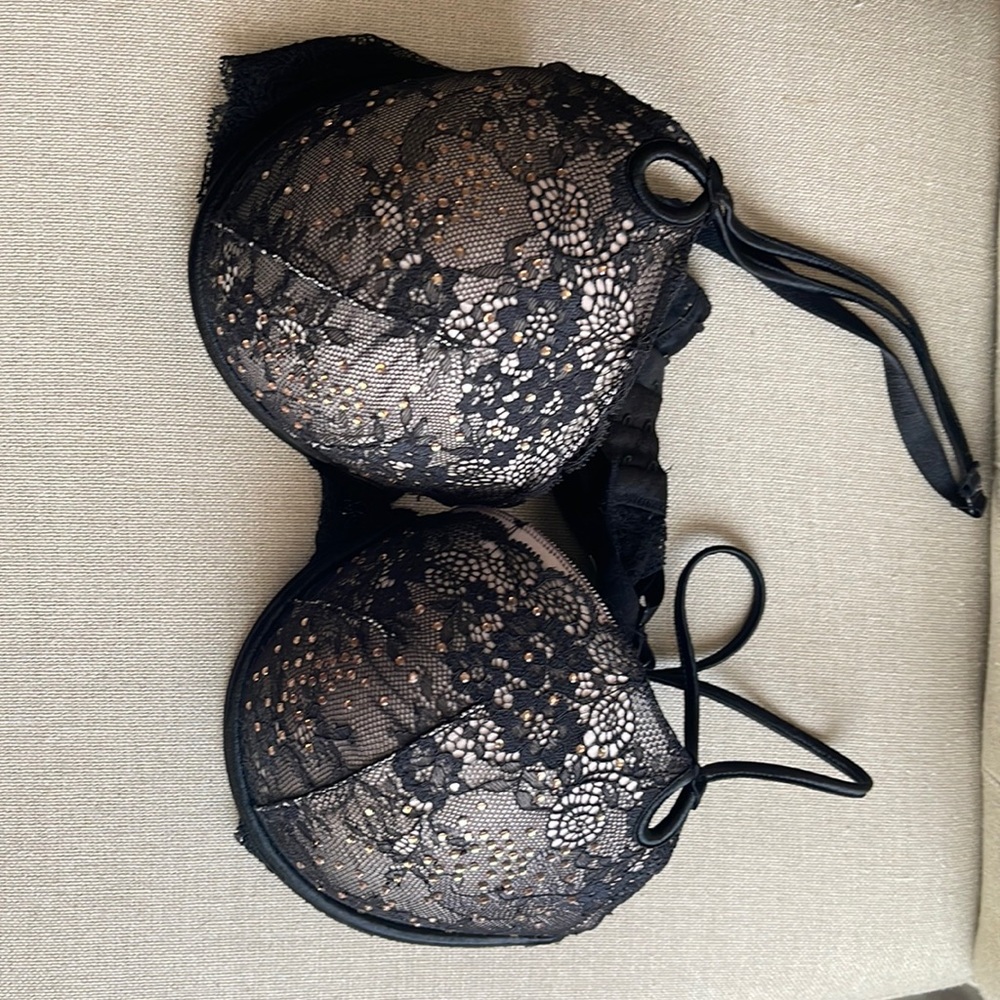 Victoria Secret. sexy little things. Black lace with rose gold rhinestones.